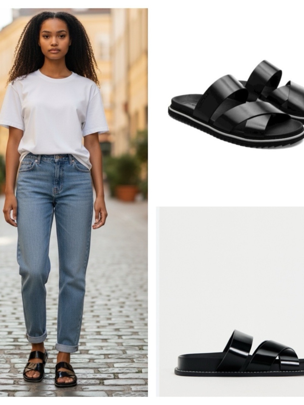 Zara Black Leather Double-Strap Slide Sandals